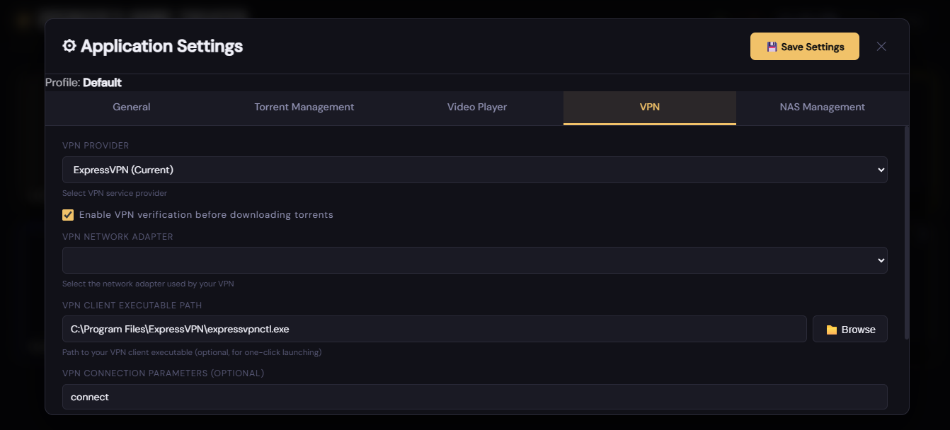 VPN settings tab with provider and command fields.