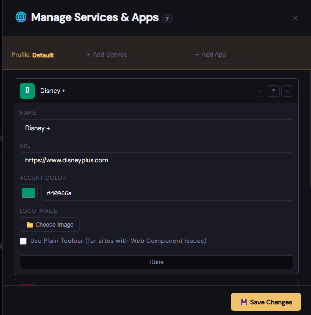 Screenshot of the CinemaOS Services panel showing a list of configured streaming services (Netflix, Disney+, YouTube) each with an edit pencil icon and a delete trash icon, plus Add Service and Add Application buttons at the bottom