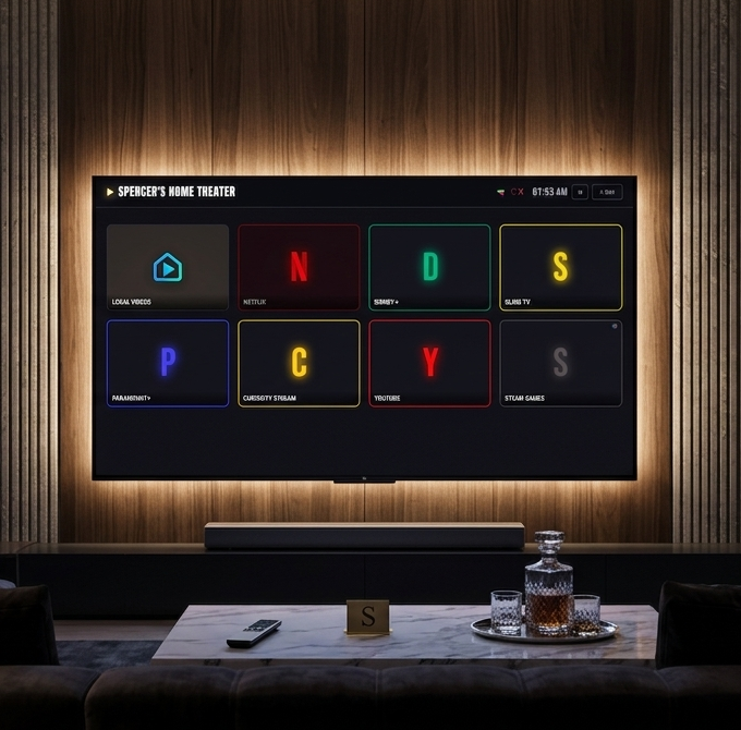 Screenshot of the CinemaOS dashboard displayed on a large 65-inch 4K TV in a dark living room.